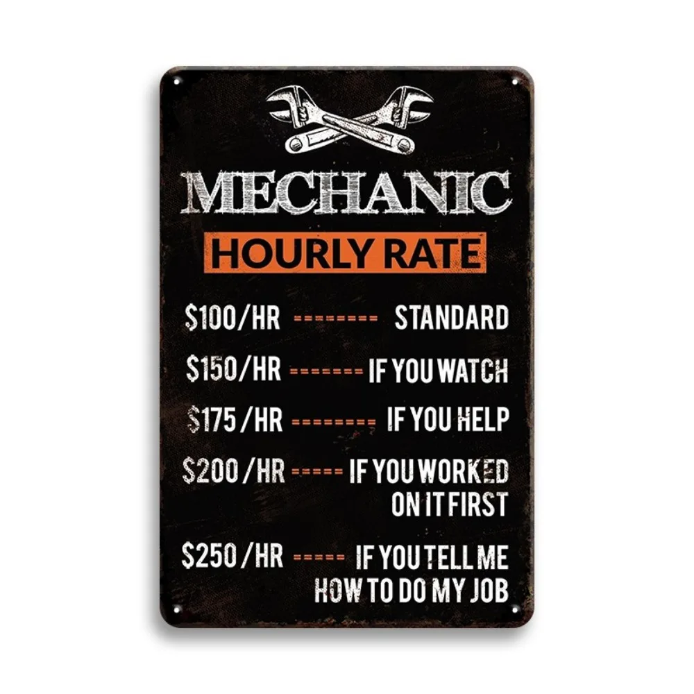 Workshop Tools Hours - Retro Mechanic Hourly Rate Metal Sign